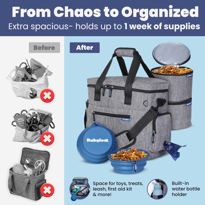 rubyloo The Original Doggy Bagâ„¢- Dog Travel Bag for Supplies - Ultimate Gift for Dog Moms & Dads, Doggy Lovers & Pet Owners for Christmas- Includes 2 BPA-Free Travel Bowls and 2 Food Containers: Grey - Image 5